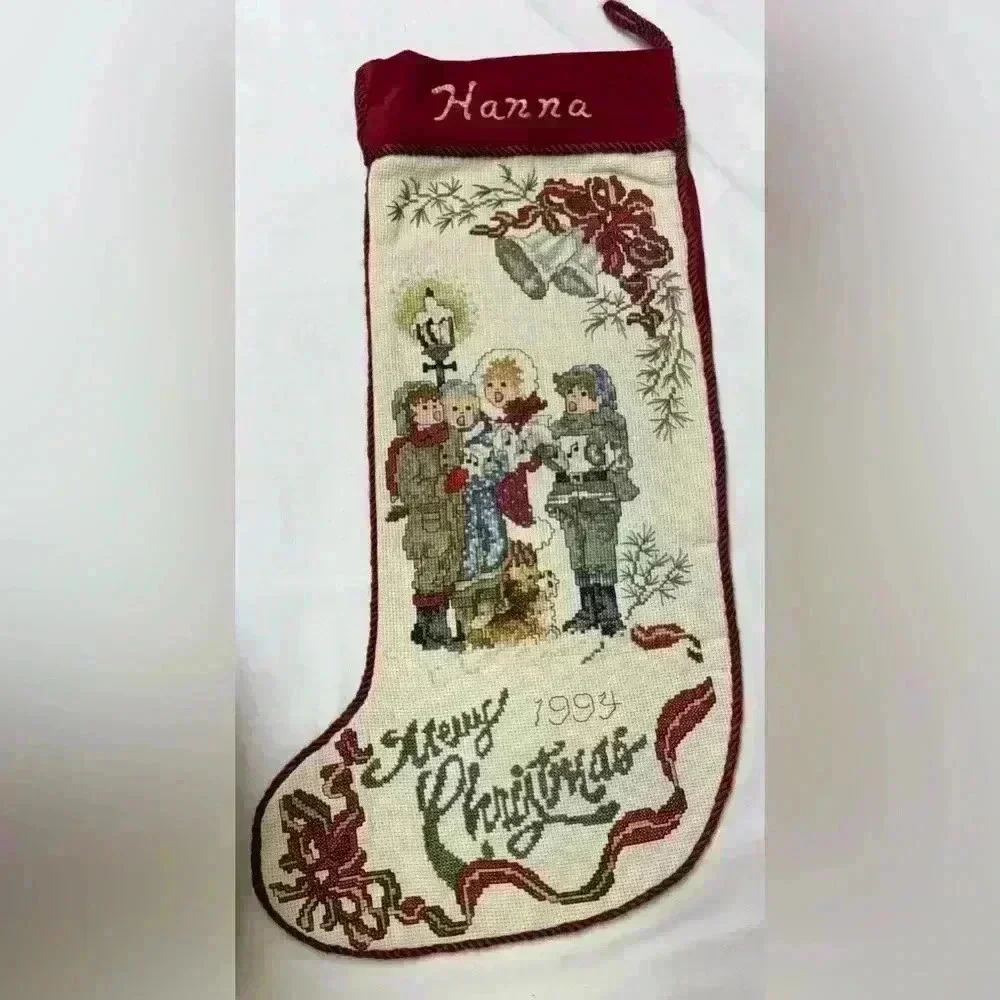 Vintage Christmas Cross Stitch 1994 Carolers Stocking with name Hanna on it